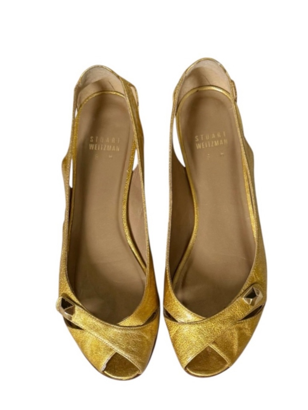 Stuart Weitzman Gold Leather Peep Toe Cutout Mini Wedge Essential Flats 8 w/Box